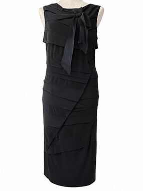 DKNY Black Silk Layered Shift Dress Bow Neck Sleeveless Midi Size 14